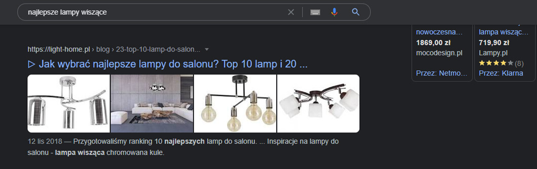 Zrzut ekranu przedstawiający wyniki wyszukiwania frazy „najlepsze lampy wiszące"