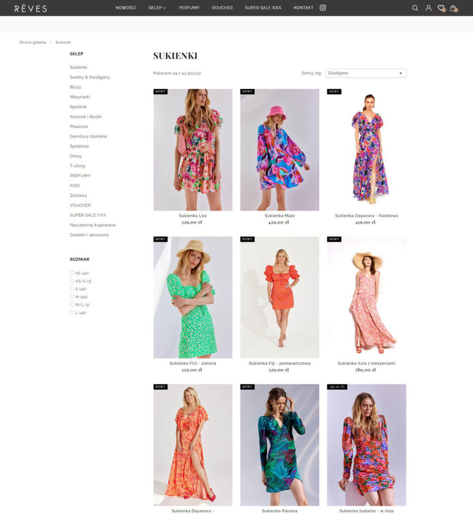 Strona kategorii sukienek w sklepie online marki Reves