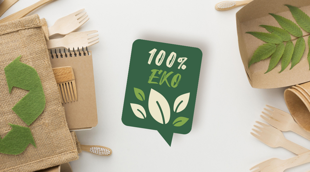 Grafika pokazująca przykłady ekologicznych produktów wykonanych z drewna, czy surowego płótna