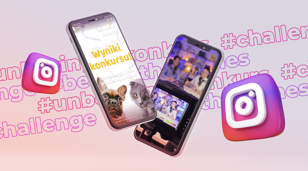 Zrzuty ekranu z przykładami aktywności na Instagramie, np. konkurs, IG live