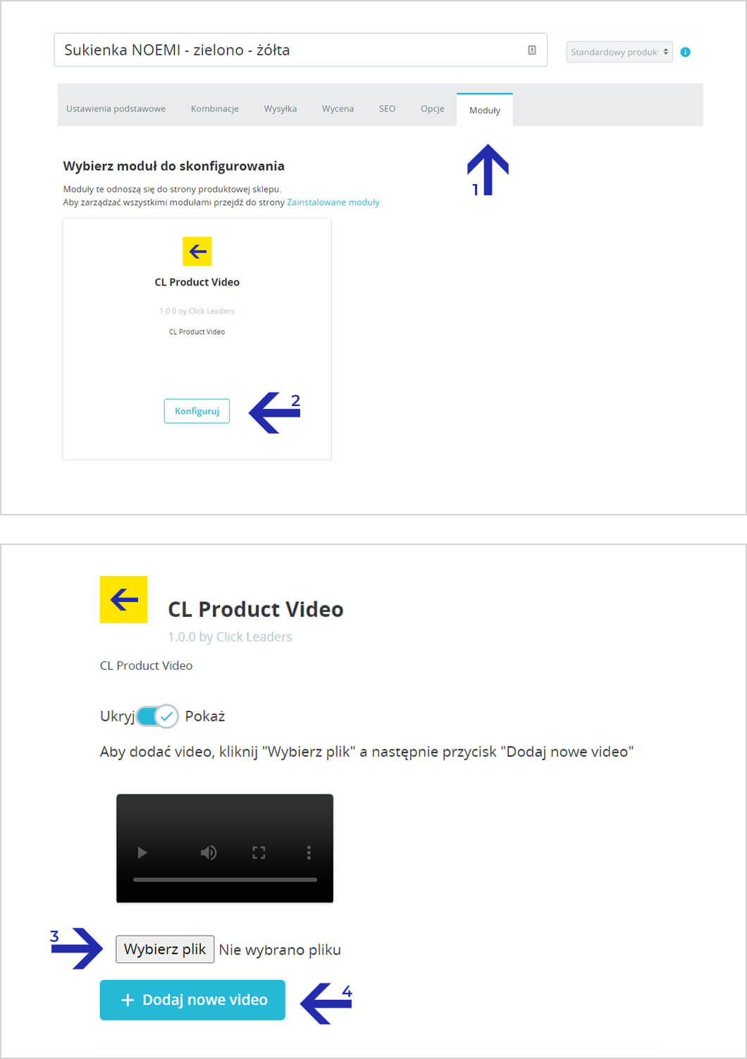 Przykład ustawień PrestaShop obrazujący proces wstawiania video produktowego na kartę produktu